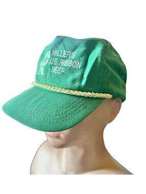 Millers Blue Ribbon Beef Cap Adjustable Green Rope Trim Hat Vintage Collectible